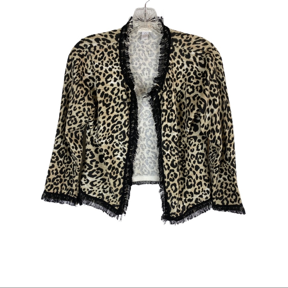 CHICO'S Animal Print Cardigan Black Fringe Top